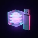 Illustration: ein USB-Stick neben einem leuchtenden Glaswürfel mit Schichten