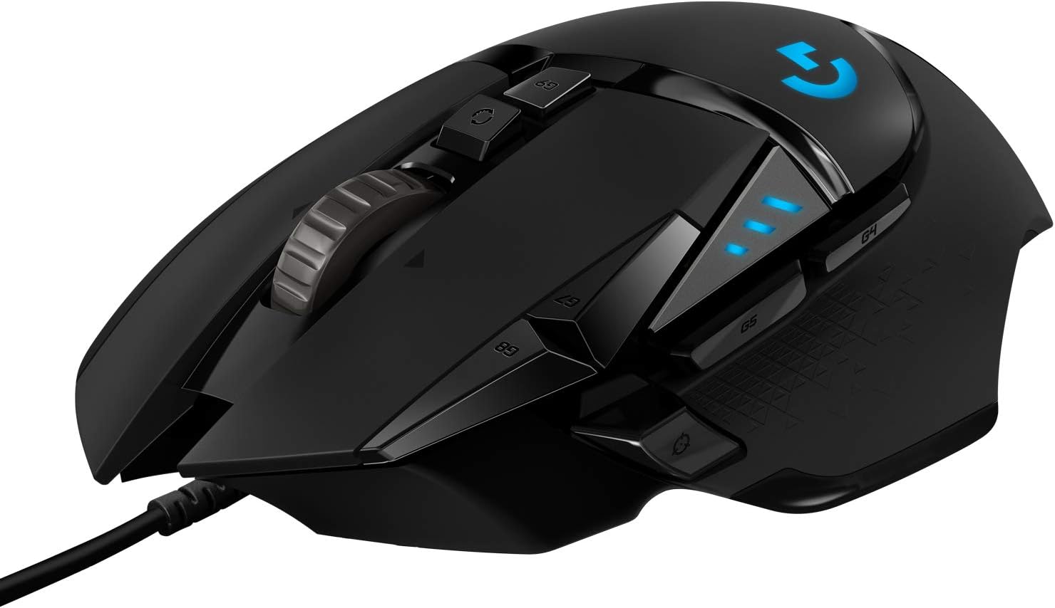 Logitech G502 Hero von der Seite, drei Daumentasten und das Kippen des Mausrads sichtbar