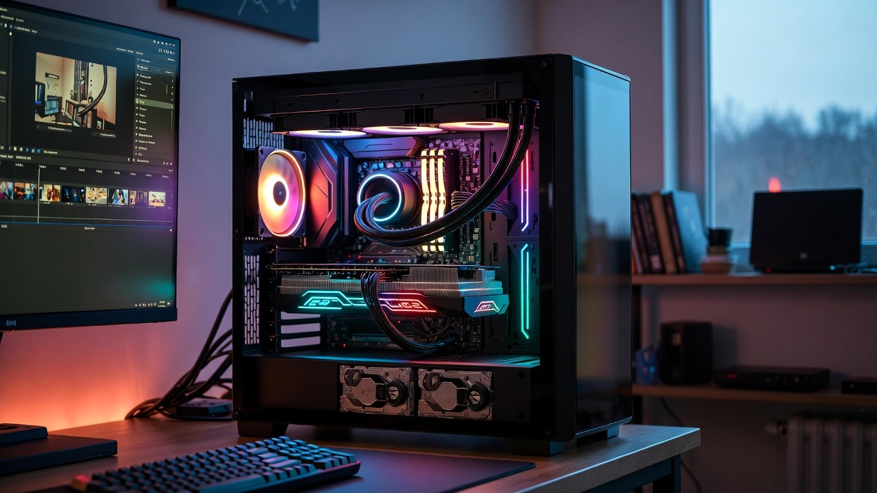 Gaming-PC im Glasgehäuse mit beleuchteten Lüftern, Wasserkühlung und Grafikkarte