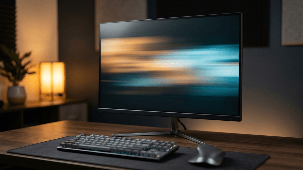 Illustration: ein 25-Zoll-Monitor mit schmalem Rahmen auf einem dunklen Schreibtisch, auf dem Bildschirm ein weicher Lichtstreifen, davor unscharf Tastatur und Maus
