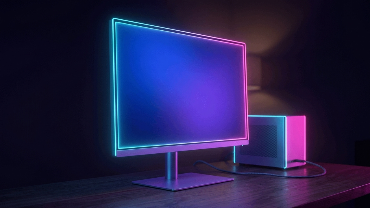 Illustration: ein flacher 27-Zoll-Monitor mit sehr feinem Pixelraster auf einem dunklen Schreibtisch, daneben ein schmaler Kabelstrang zu einem Rechner