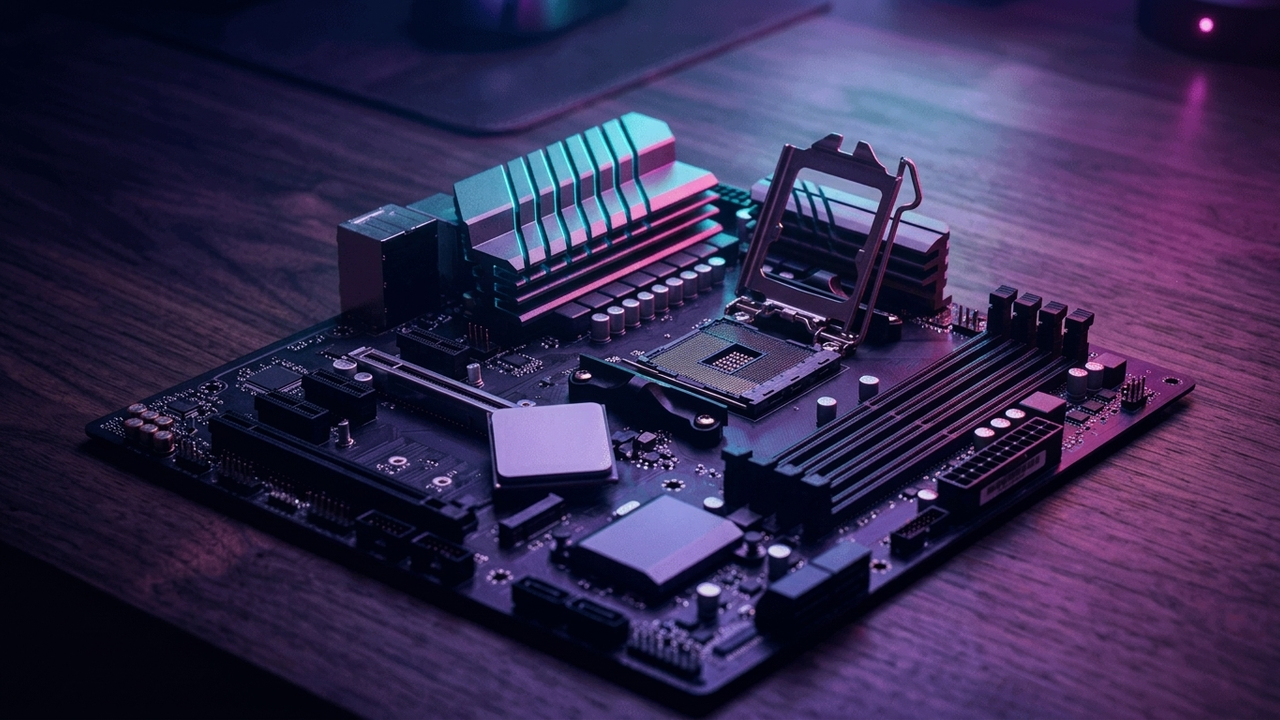 Illustration: ein ATX-Mainboard liegt auf einem dunklen Holzschreibtisch, der Sockelhebel steht offen, daneben ein Prozessor