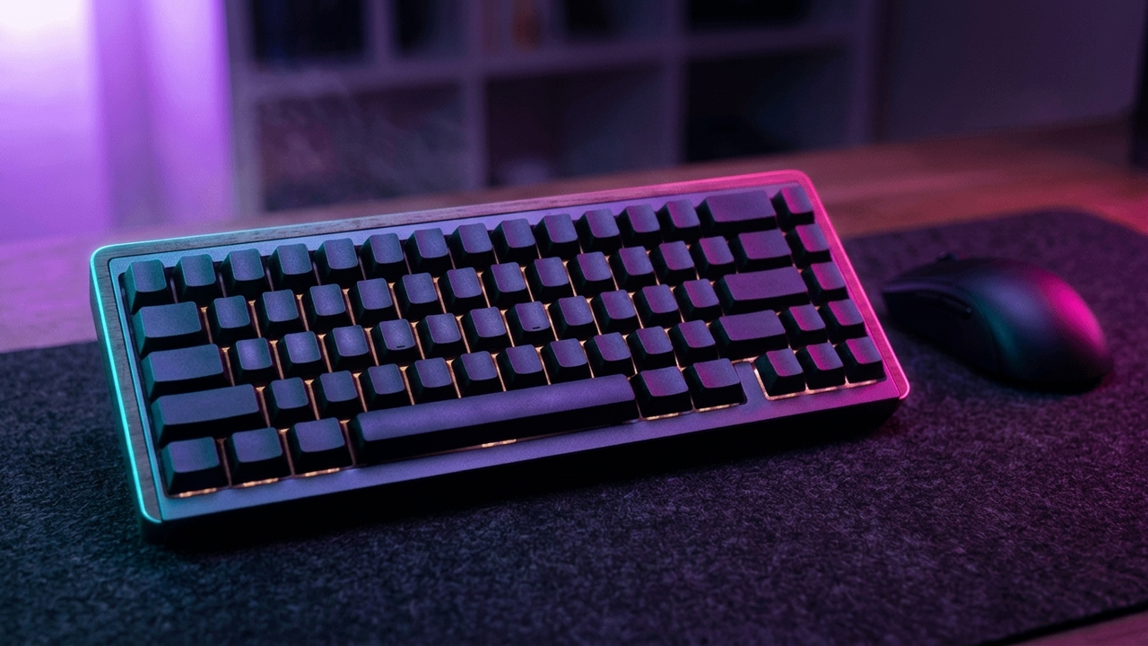 Illustration: eine kompakte Gaming-Tastatur ohne Nummernblock und ohne F-Reihe, mit Pfeiltasten unten rechts, auf einer dunklen Schreibtischmatte, daneben eine Maus