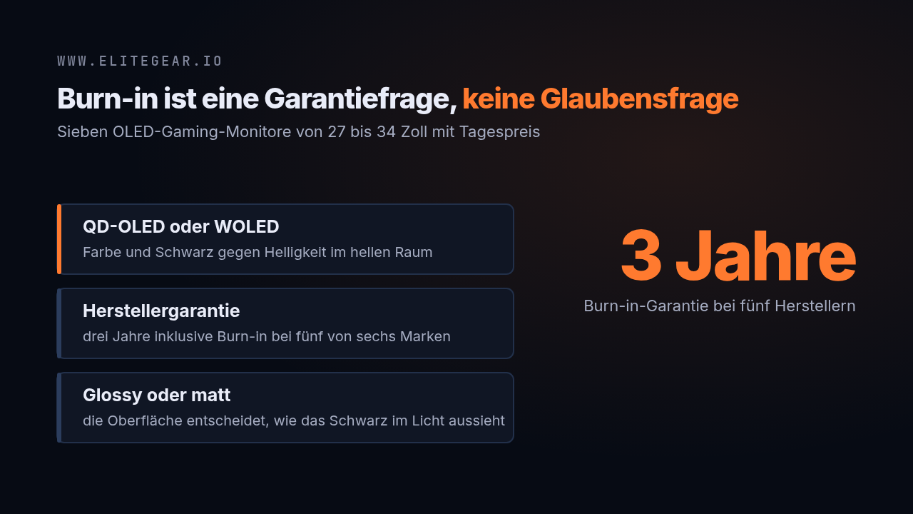 Textkarte: Burn-in ist eine Garantiefrage, keine Glaubensfrage – drei Jahre Burn-in-Garantie bei fünf Herstellern
