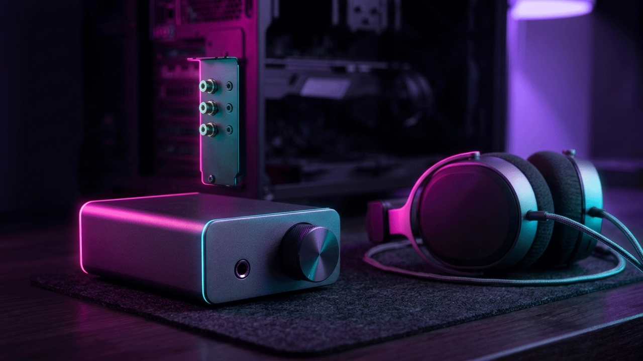 Illustration: ein kleines externes Audiogerät mit einem großen Lautstärkeregler steht neben einem Over-Ear-Kopfhörer auf dem Schreibtisch, im Hintergrund unscharf eine Steckkarte mit Klinkenbuchsen