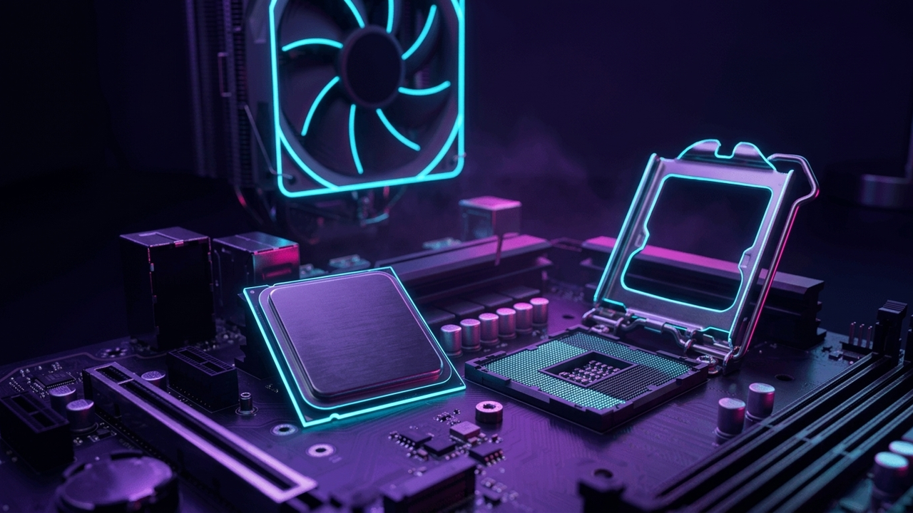 Illustration: ein Prozessor mit metallenem Deckel liegt auf einem Mainboard neben dem offenen Sockel, im Hintergrund ein Turmkühler