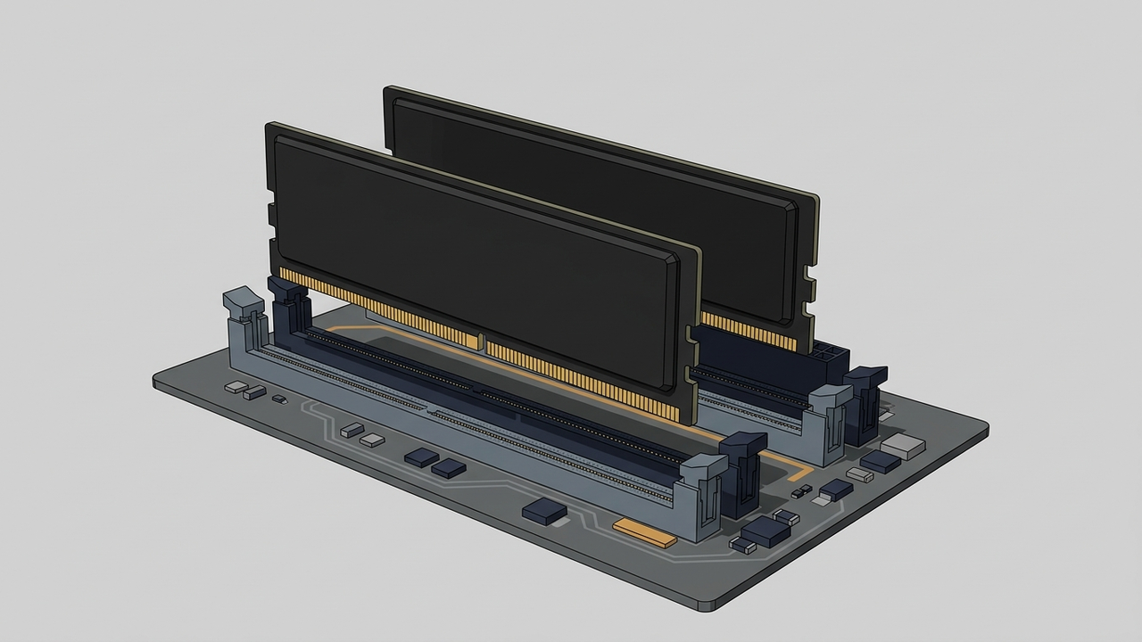 Illustration: zwei Arbeitsspeicher-Riegel mit schlichten schwarzen Kühlblechen schweben über den Speicherbänken eines Mainboards