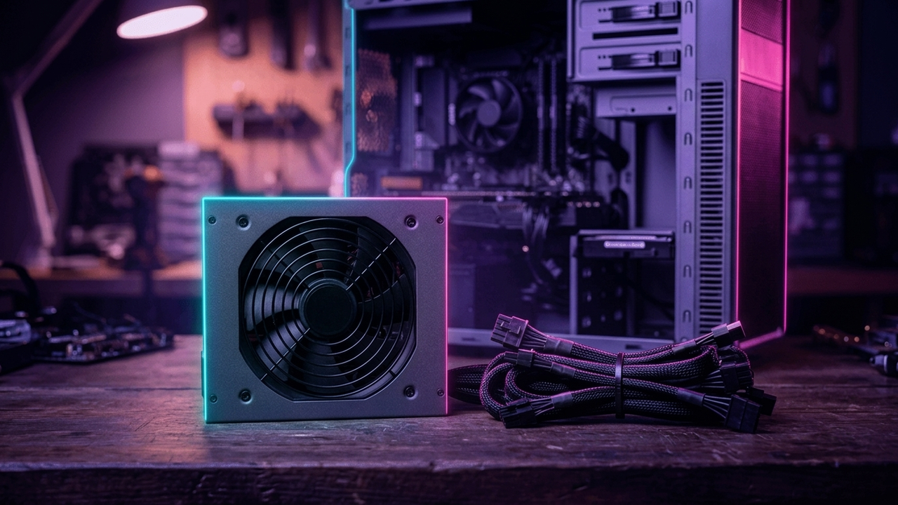 Illustration: ein PC-Netzteil mit Lüftergitter auf einer dunklen Werkbank, daneben ein Bündel schwarzer Kabel, dahinter ein offenes PC-Gehäuse