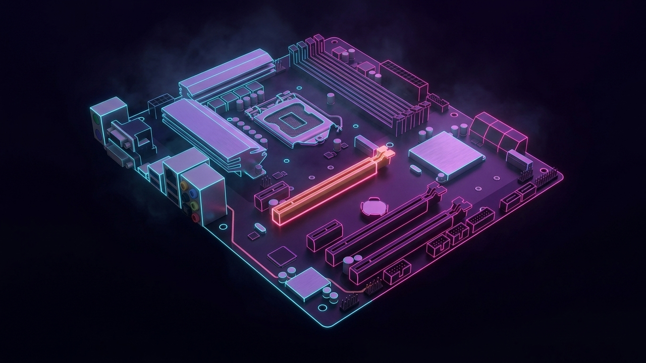 Illustration: ein Mainboard in Schrägansicht vor dunklem Hintergrund, Steckplätze und Bauteile leuchten violett und cyan