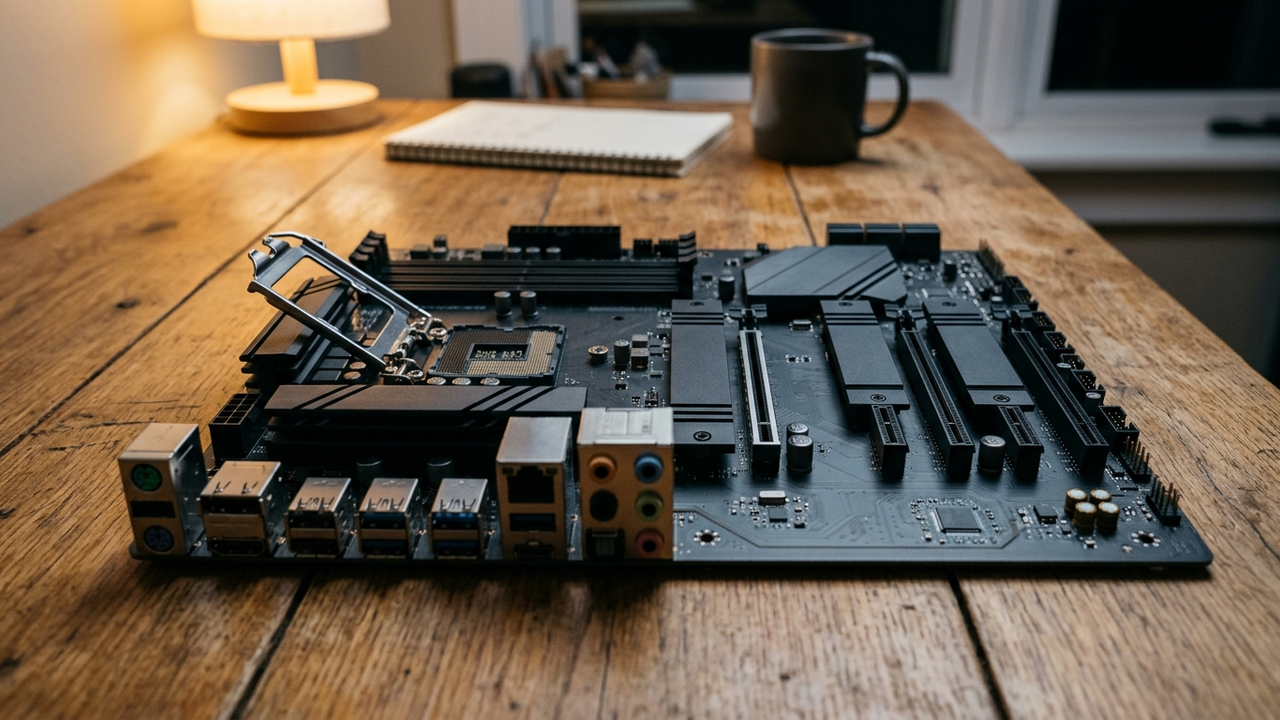 Illustration: ein Mainboard von schräg oben auf einem Schreibtisch, links die Anschlussleiste, rechts daneben Sockel und Steckplätze