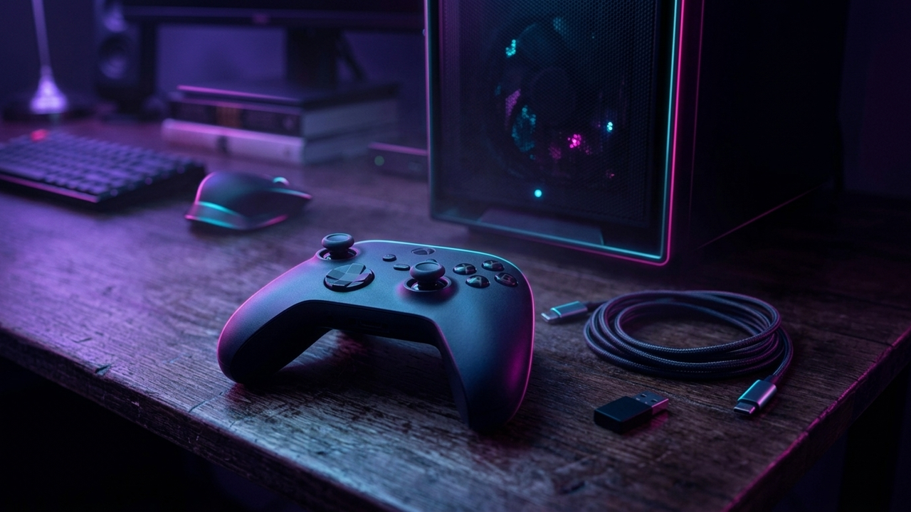 Illustration: ein Controller, ein kleiner USB-Stick und ein geflochtenes Kabel auf einem Holztisch vor einem PC-Gehäuse, violettes und cyanfarbenes Licht