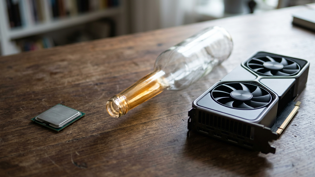 Illustration: eine Glasflasche mit engem Hals liegt zwischen einem Prozessor und einer Grafikkarte auf einem Schreibtisch