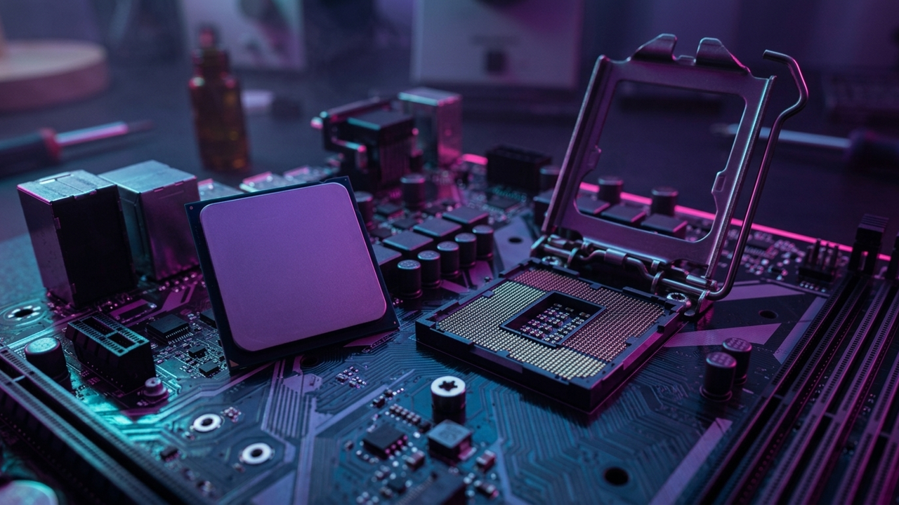 Illustration: Nahaufnahme eines Mainboards mit geöffnetem Prozessorsockel, daneben liegt ein Prozessor, violettes Licht