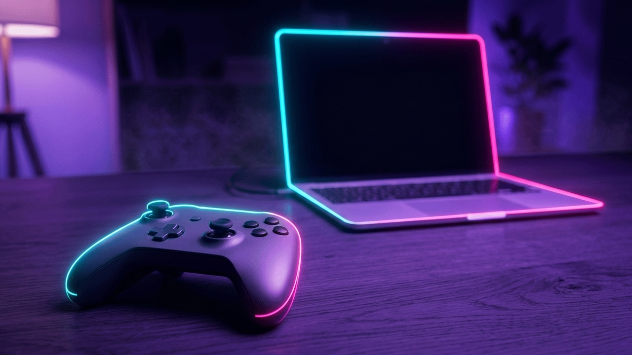 Illustration: ein kabelloses Gamepad liegt auf einem hellen Holzschreibtisch, dahinter unscharf ein geöffneter silberner Laptop