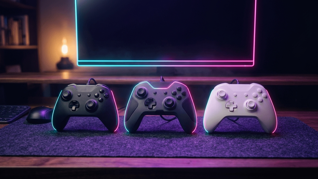 Illustration: drei Gamepads in unterschiedlichen Formen nebeneinander auf einer Schreibtischmatte vor einem dunklen Monitor