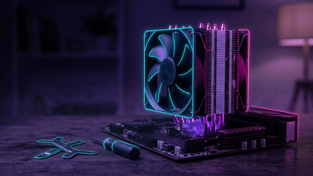 Illustration: ein Turmkühler mit zwei Lüftern steht auf einem Mainboard, daneben liegen Halteklammern und ein kleiner Schraubendreher