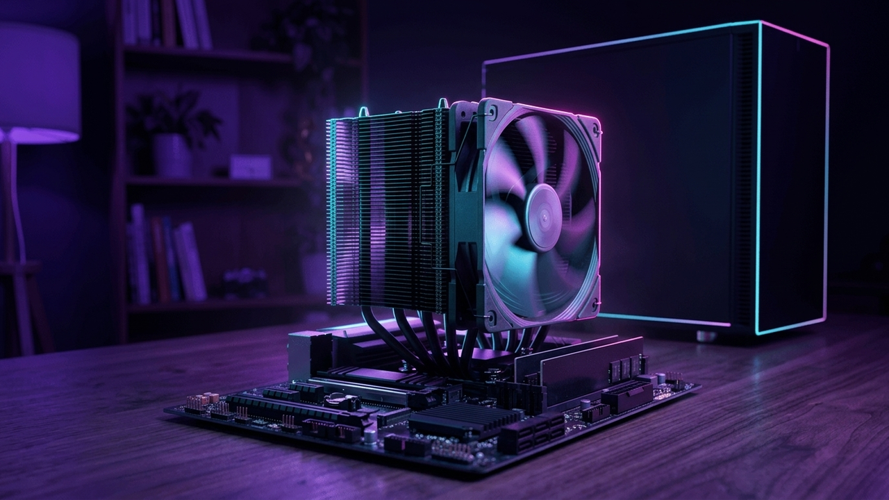 Illustration: ein großer schwarzer Turmkühler mit einem breiten Lüfter steht auf einem Mainboard, dahinter ein geschlossenes PC-Gehäuse