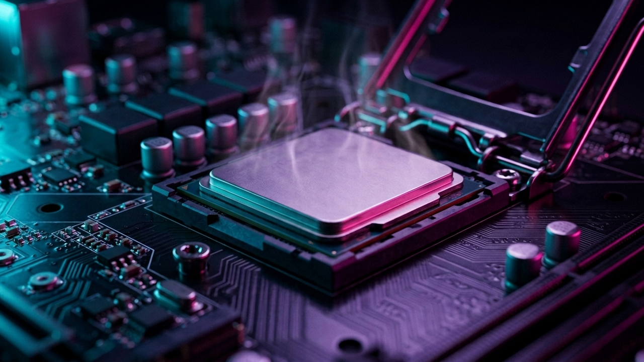 Illustration: Prozessor im Sockel eines Mainboards ohne Kühler, über dem Metalldeckel steigt flimmernde Hitze auf