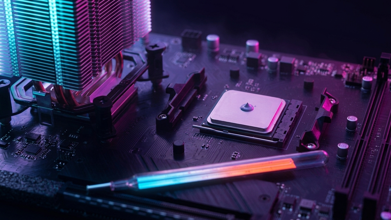 Illustration: ein Prozessor im Sockel eines Mainboards mit einem Tropfen Wärmeleitpaste, daneben ein Turmkühler und ein Thermometer mit Farbverlauf von Blau nach Orange, in Neonlicht