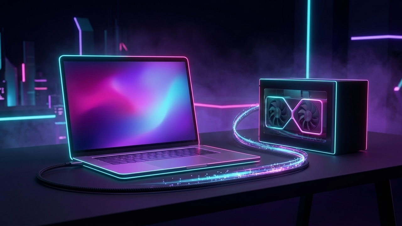 Illustration im Neon-Stil: ein aufgeklappter Laptop, verbunden über ein Kabel mit einer externen Box, in der eine Grafikkarte leuchtet, der Datenstrom zieht als Lichtband durch das Kabel