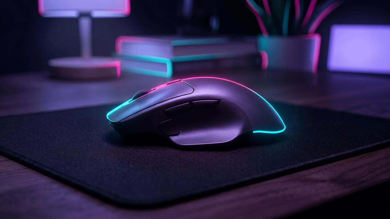 Illustration: eine erfundene ergonomische Gaming-Maus für Rechtshänder mit nach rechts abfallender Schale und Daumenmulde liegt auf einem dunklen Stoffmauspad, warmes Lampenlicht, keine Markenzeichen