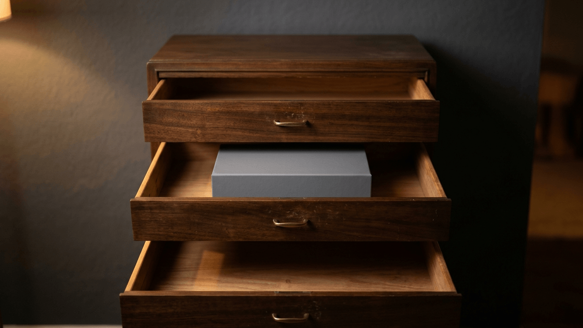 Illustration: ein Holzschrank mit drei geöffneten Schubladen, zwei sind leer, in der mittleren steht eine einzelne schlichte graue Schachtel ohne Aufschrift, warmes Abendlicht