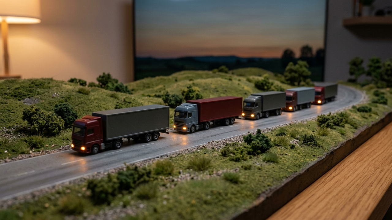 Illustration: eine Kolonne erfundener Modell-Lkw ohne Aufschrift fährt hintereinander über eine graue Landstraße in der Abenddämmerung, keine Markenzeichen