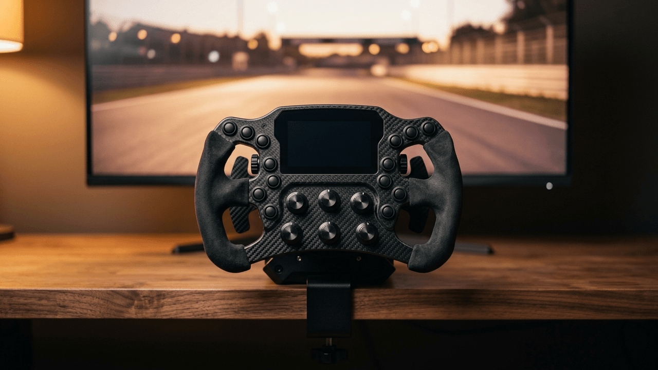 Illustration: ein Formel-Lenkrad aus Carbon mit vielen Knöpfen und dunklem Display auf einer kompakten Lenkradbasis am Schreibtisch