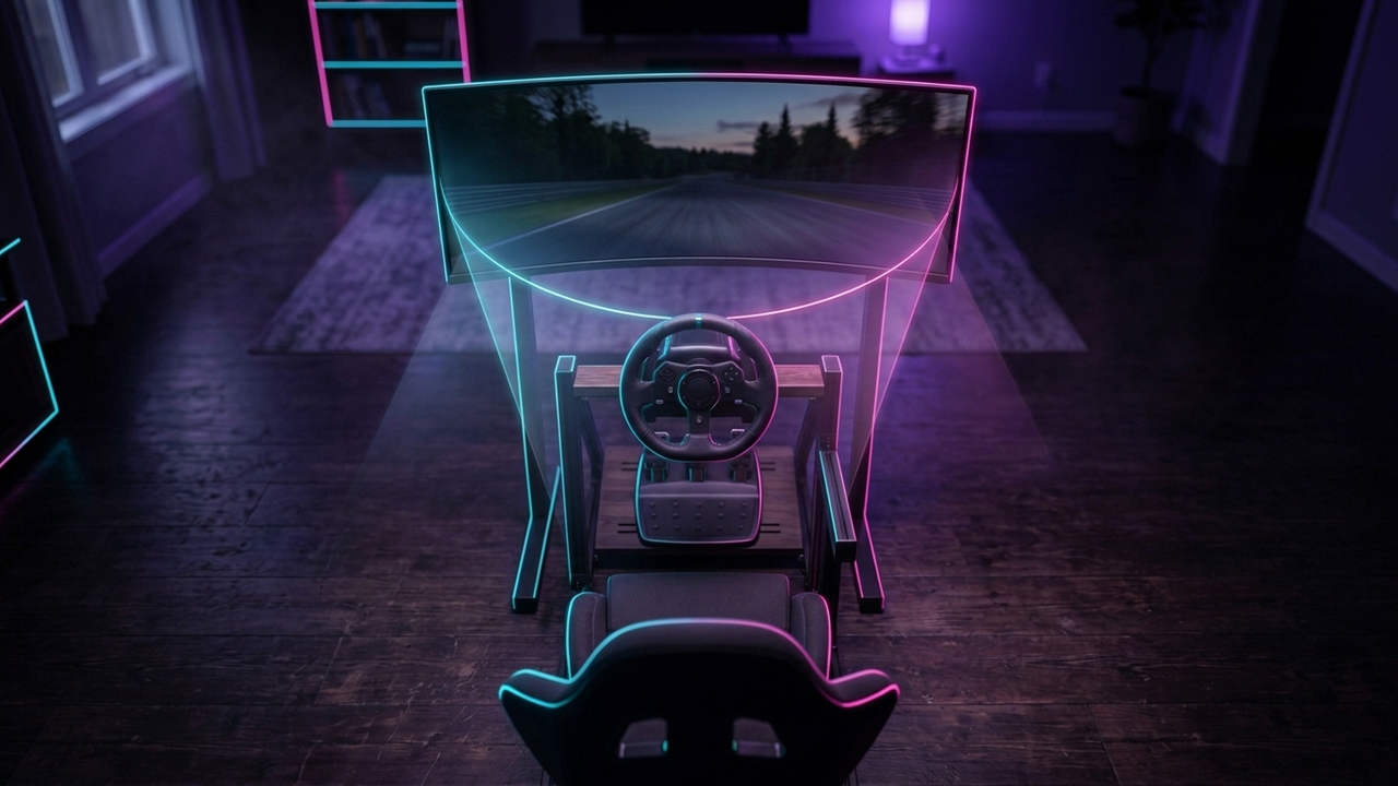 Illustration: ein Sim-Racing-Cockpit mit Sitz, Lenkrad und Pedalen von oben, vom Sitz aus spannt sich ein leuchtender Sichtkegel mit Winkelbogen bis zu den Rändern des gebogenen Monitors