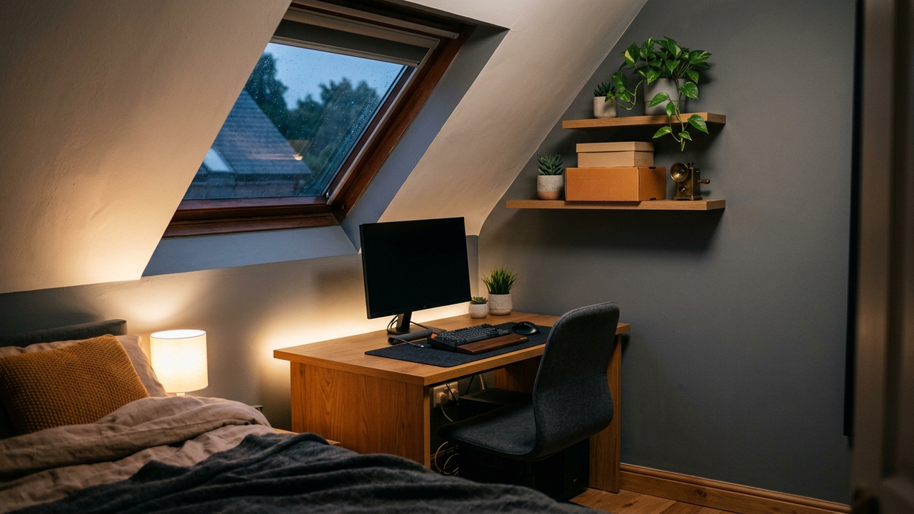 Illustration: eine Zimmerecke unter einem Dachfenster am Abend mit kompaktem Schreibtisch, Monitor, Stuhl, Wandregalen mit Pflanzen und warmem Lichtstreifen hinter dem Tisch