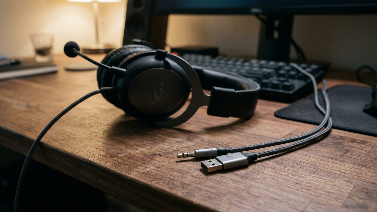 Illustration: ein Headset auf dem Schreibtisch, aus dem Kabel gehen zwei Enden ab — ein schmaler runder Stecker und ein flacher rechteckiger