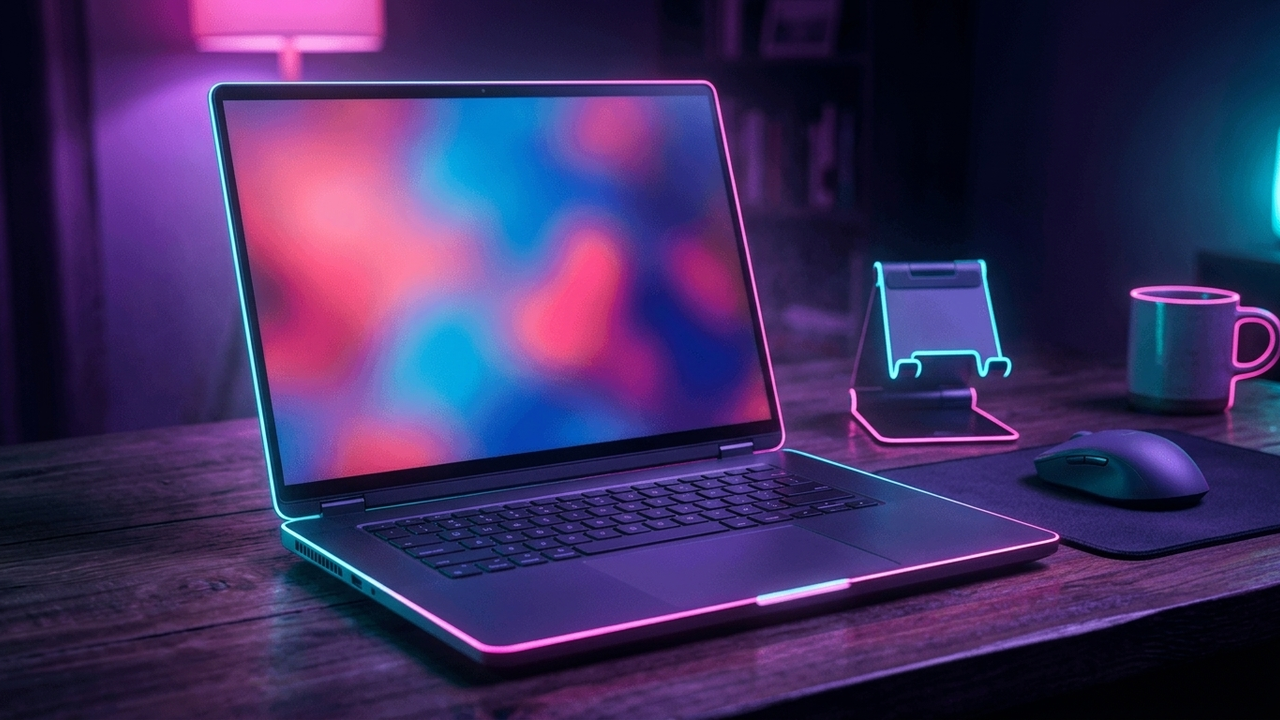 Illustration: ein großer Laptop mit hohem 16:10-Bildschirm aufgeklappt auf einem dunklen Holzschreibtisch, daneben eine Maus