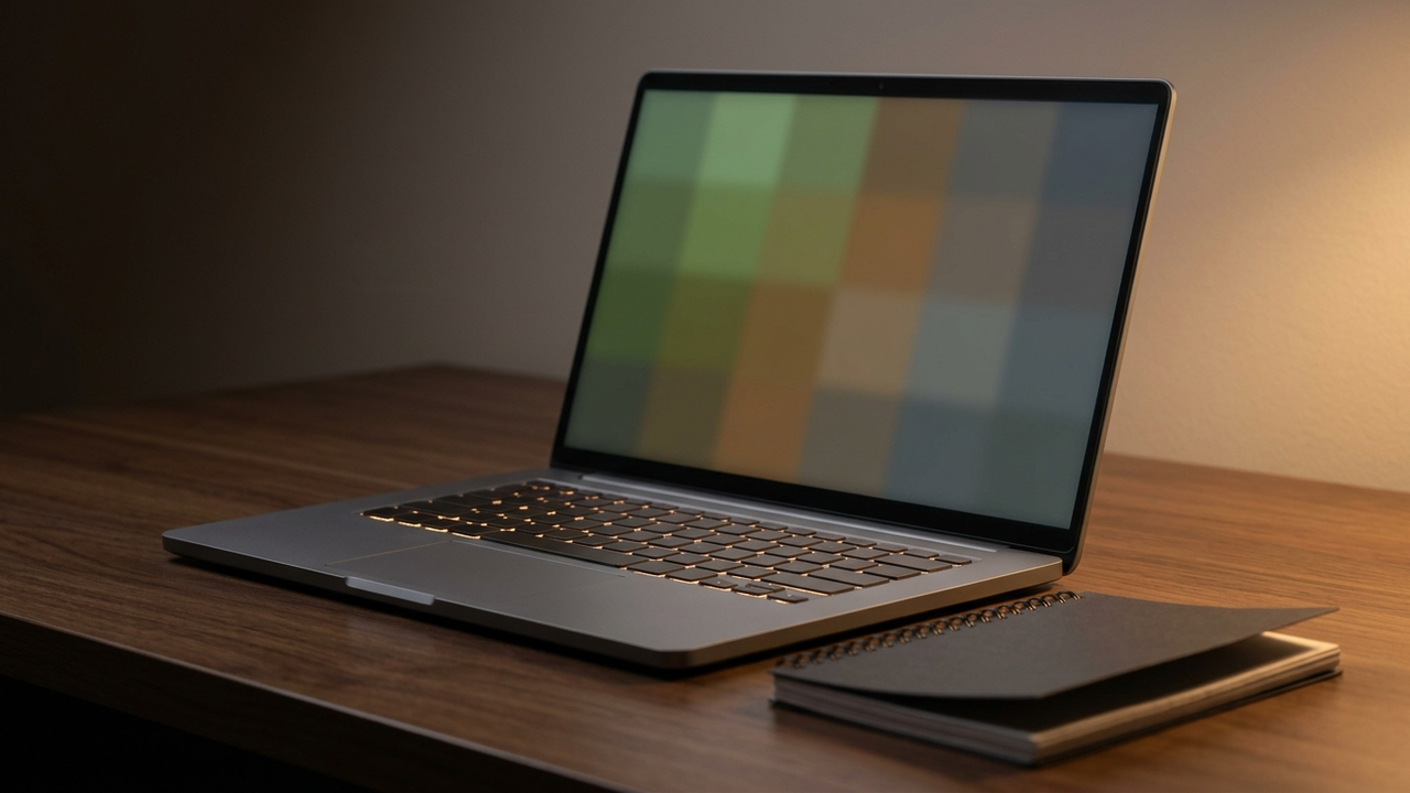 Illustration: ein aufgeklappter Gaming-Laptop auf einem Holzschreibtisch, der Bildschirm zeigt nur einen unscharfen, wuerfelartig gepixelten Farbverlauf, keine Markenzeichen