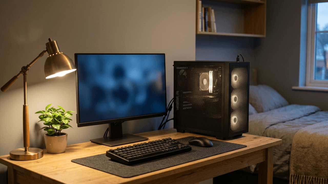 Illustration: ein aufgeräumter erster Gaming-Platz mit kleinem PC-Gehäuse, Monitor, Tastatur und Maus auf einem hellen Holztisch