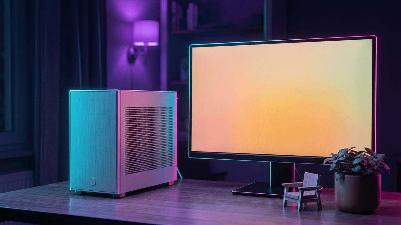 Illustration: ein kleiner hellgrauer PC-Tower neben einem Monitor mit pastellfarbenem Verlauf, davor ein winziger Puppenhaus-Sessel aus Holz und eine kleine Topfpflanze