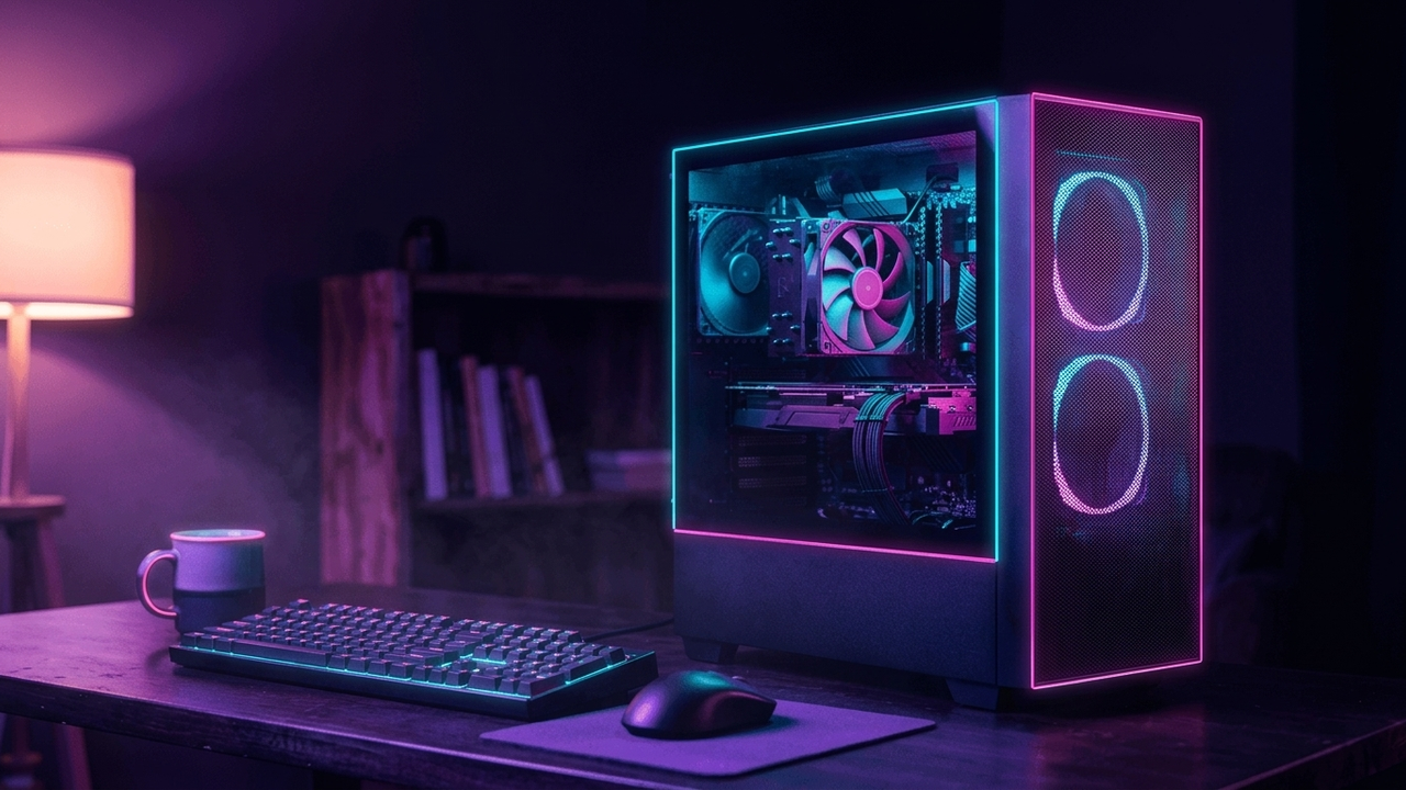 Illustration: ein schwarzer PC-Tower mit Mesh-Front und Glasseite steht auf einem dunklen Schreibtisch, im Inneren sind nur schwarze Bauteile ohne Beleuchtung zu sehen