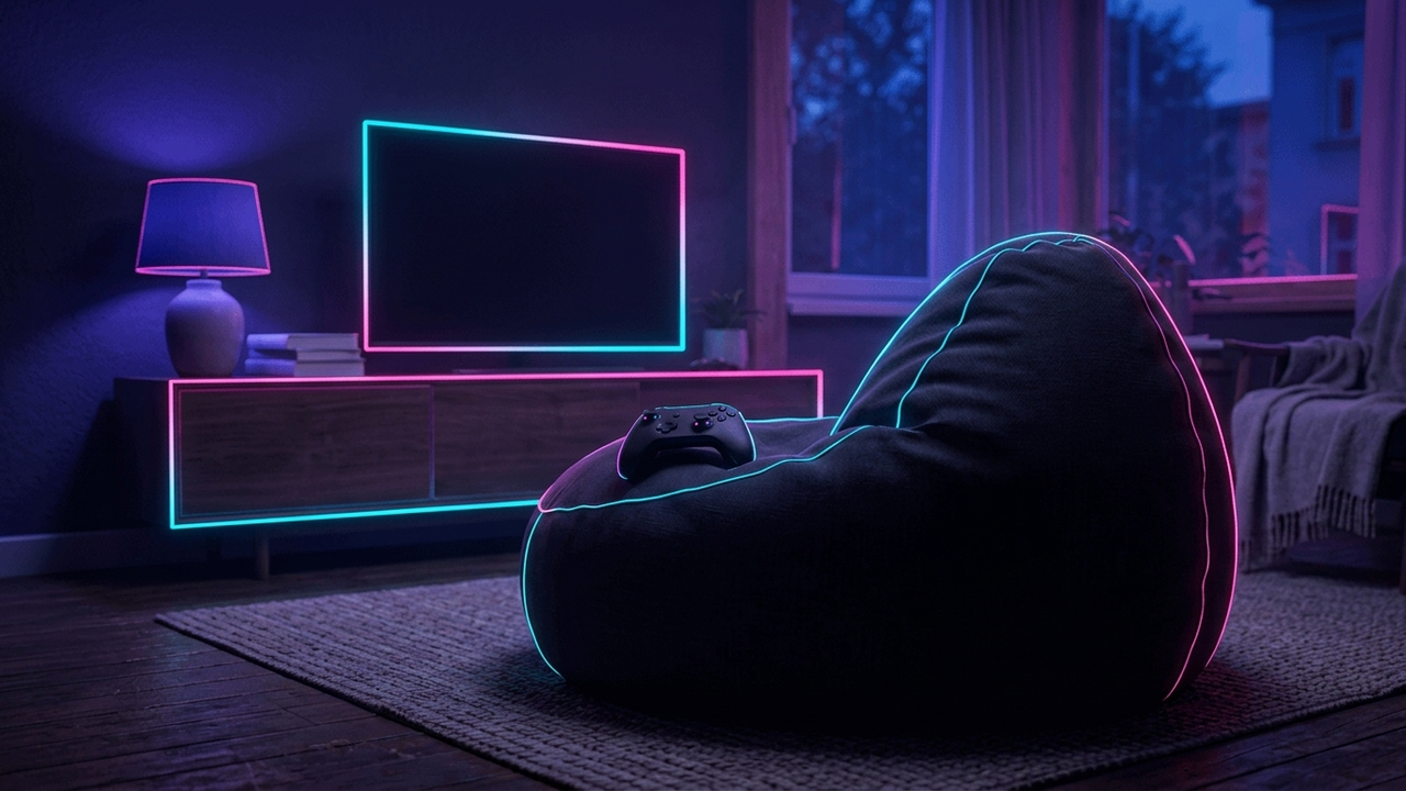 Illustration: ein großer dunkler Sitzsack in einem Wohnzimmer vor einem ausgeschalteten Fernseher, auf dem Sitzsack liegt ein erfundener Controller, warmes Abendlicht, keine Markenzeichen