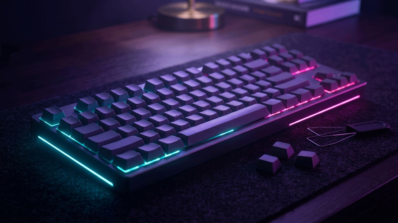 Illustration: eine kompakte mechanische Tastatur ohne Ziffernblock mit unbeschrifteten dunklen Tasten liegt auf einer dunklen Schreibtischunterlage, daneben drei lose Tastenkappen