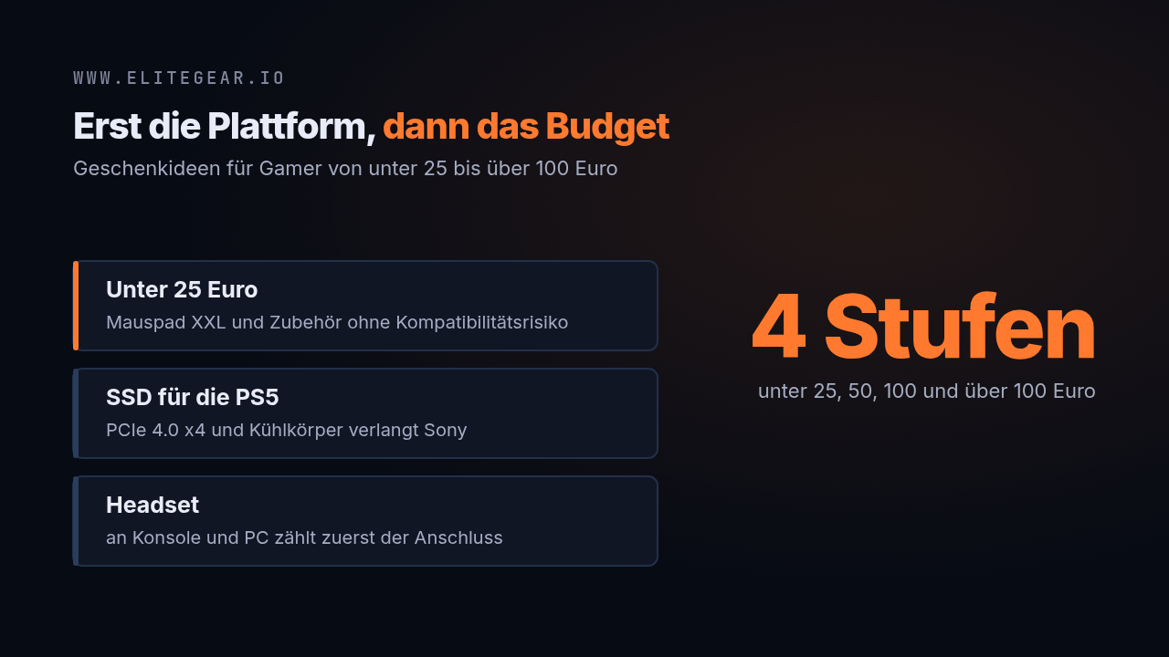 Textkarte: Erst die Plattform, dann das Budget – Geschenkideen für Gamer in vier Preisstufen