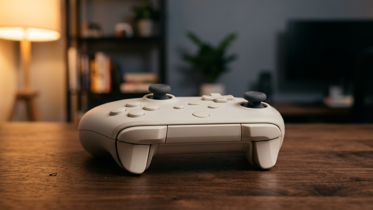 Illustration: ein schlichter heller Gamecontroller ohne Aufdruck liegt auf einem dunklen Holztisch, dahinter ein dunkler, unscharfer Raum mit warmem Lampenlicht