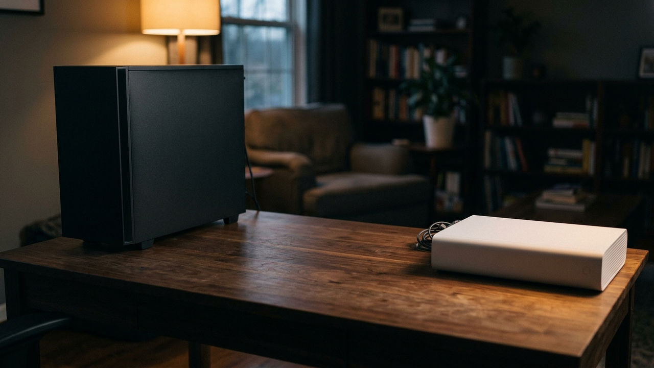 Illustration: ein ausgeschalteter Desktop-PC mit schlichtem dunklem Gehäuse neben einer Spielkonsole ohne Aufschrift auf einem Holztisch, warmes Abendlicht