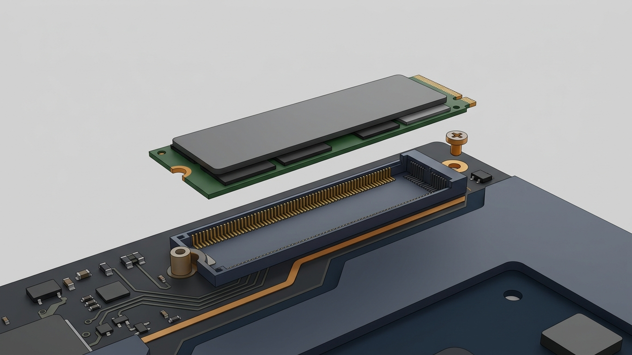 Illustration: eine flache M.2-SSD ohne Aufschrift schwebt über einem geöffneten Steckplatz auf dunklem Grund