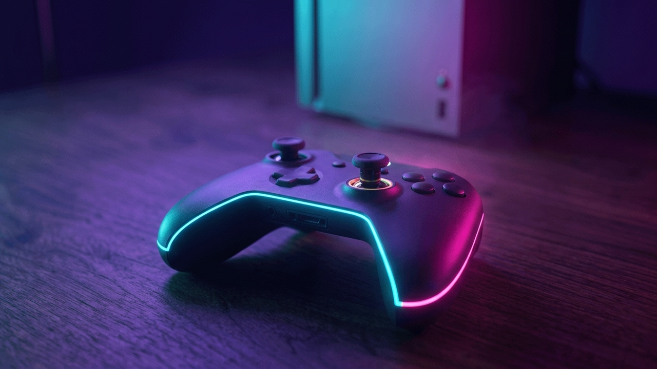 Illustration: ein schwarzes Gamepad auf einem Holztisch, aus einem der Analogsticks schimmert ein kleiner Magnetring