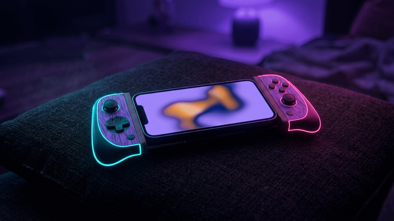 Illustration: ein Smartphone eingespannt in einen ausziehbaren Handy-Controller, auf einem dunklen Sofakissen im Abendlicht