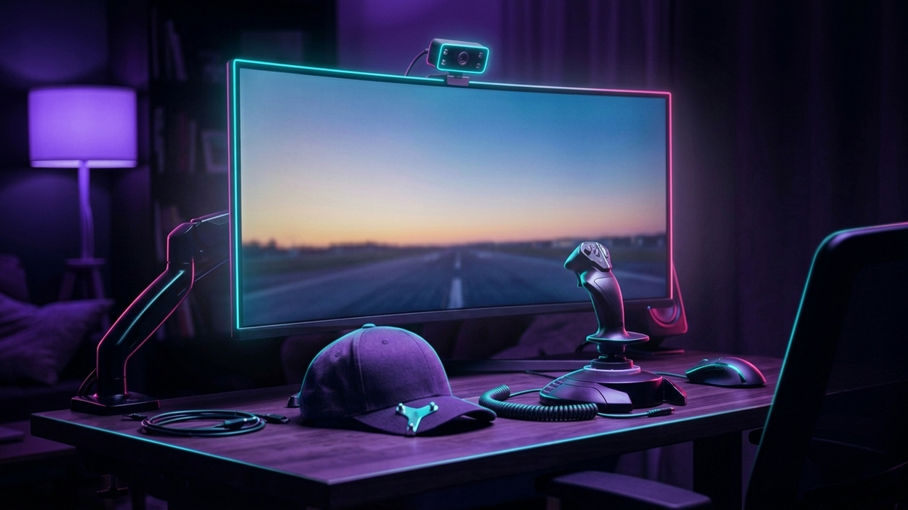 Illustration: ein Simulator-Schreibtisch mit breitem Monitor, auf dem eine Startbahn in der Dämmerung zu sehen ist, oben eine kleine Kamera, davor eine Kappe mit Reflektor-Clip und ein Joystick, in Neonlicht