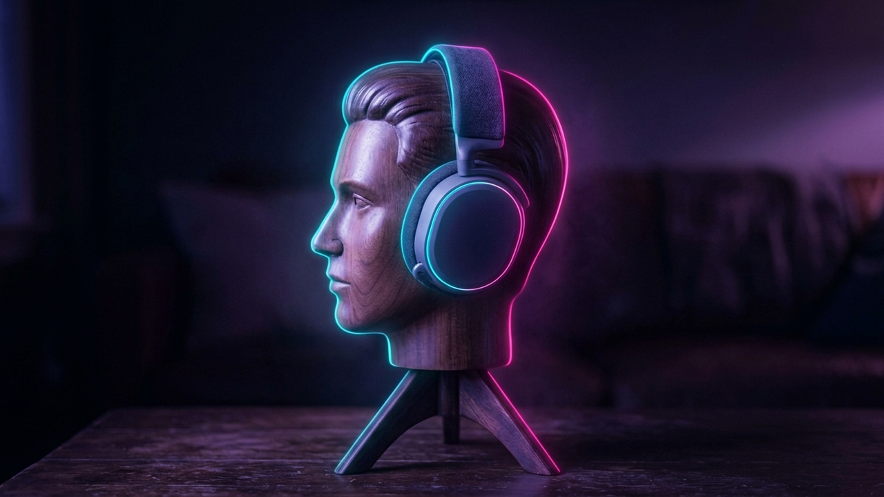 Illustration: ein holzgeschnitzter Kopf im Profil auf einem Ständer trägt ein Over-Ear-Headset, dessen breites Stoffband flach auf dem Haar aufliegt