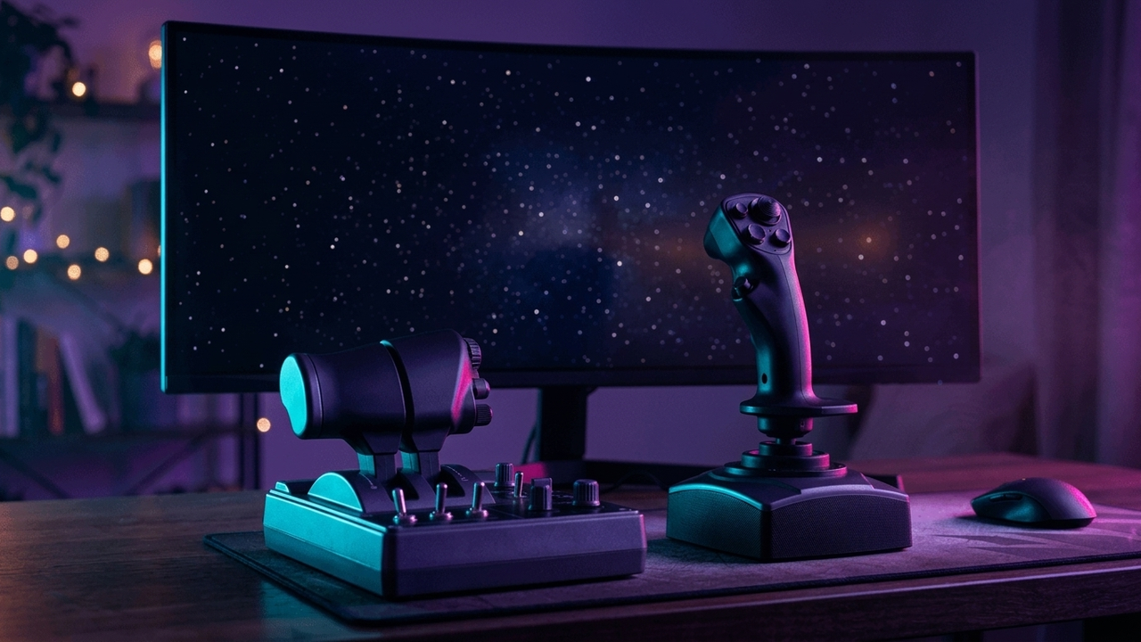 Illustration: ein Joystick und ein Schubhebel auf einem Schreibtisch vor einem großen Bildschirm mit Sternenhimmel