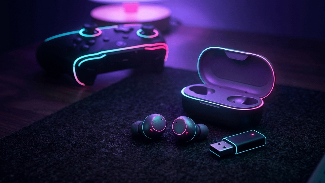 Illustration: zwei kleine kabellose Ohrhörer liegen neben ihrem geöffneten Ladeetui auf einer dunklen Schreibtischunterlage, daneben ein kleiner USB-Funkstick, im Hintergrund unscharf ein Gamepad