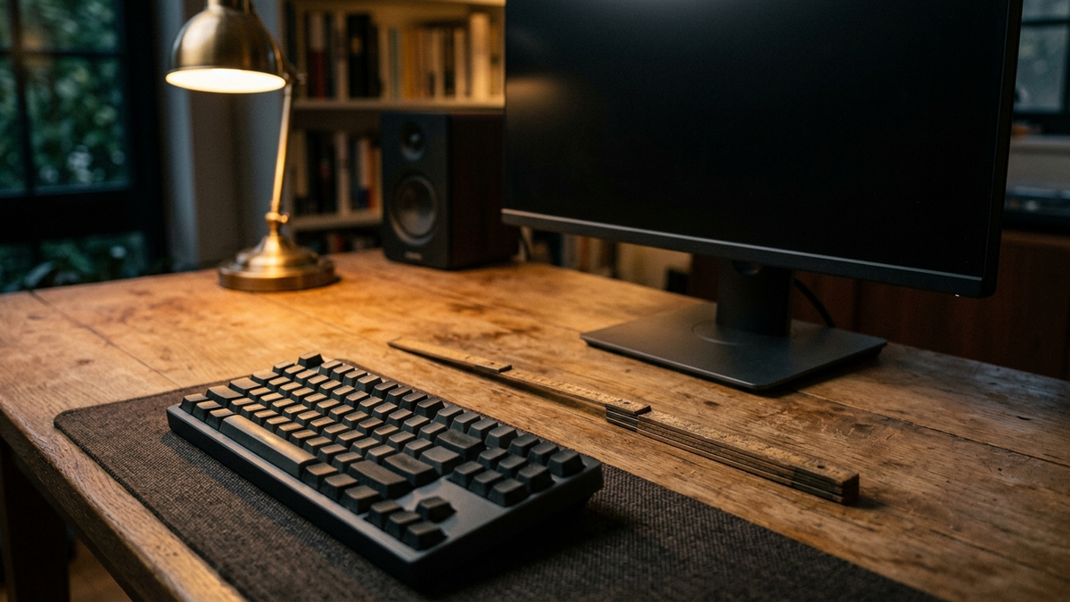 Illustration: ein Holzschreibtisch am Abend von der Seite, ein aufgeklappter Zollstock liegt von der vorderen Tischkante bis zum Fuß eines dunklen Monitors, davor eine Tastatur