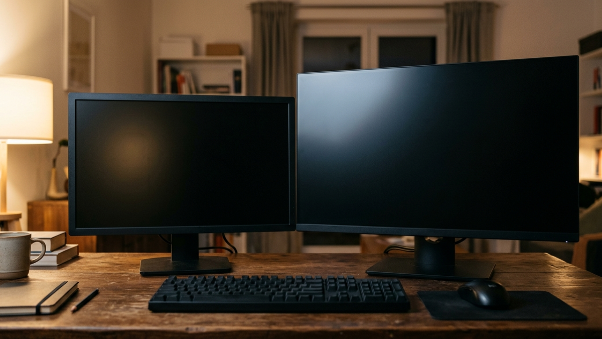 Illustration: zwei dunkle Monitore unterschiedlicher Größe stehen nebeneinander auf einem Holzschreibtisch am Abend, der kleinere links, der größere rechts, davor Tastatur und Maus